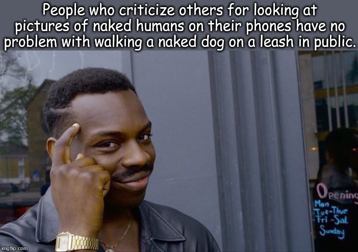 Roll Safe Think About It | People who criticize others for looking at pictures of naked humans on their phones have no problem with walking a naked dog on a leash in public. | image tagged in memes,roll safe think about it,dogs | made w/ Imgflip meme maker