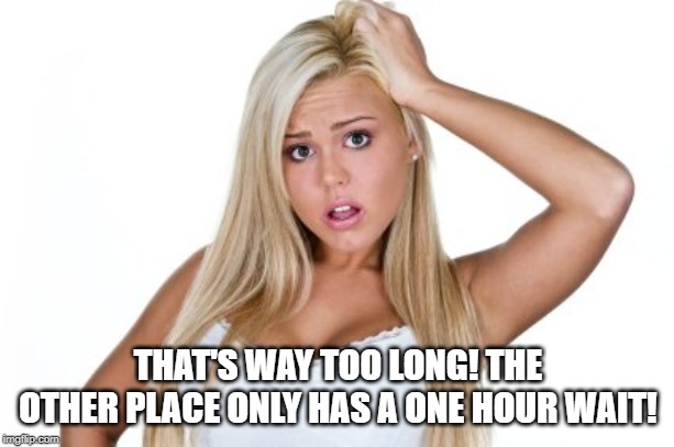Dumb Blonde | THAT'S WAY TOO LONG! THE OTHER PLACE ONLY HAS A ONE HOUR WAIT! | image tagged in dumb blonde | made w/ Imgflip meme maker