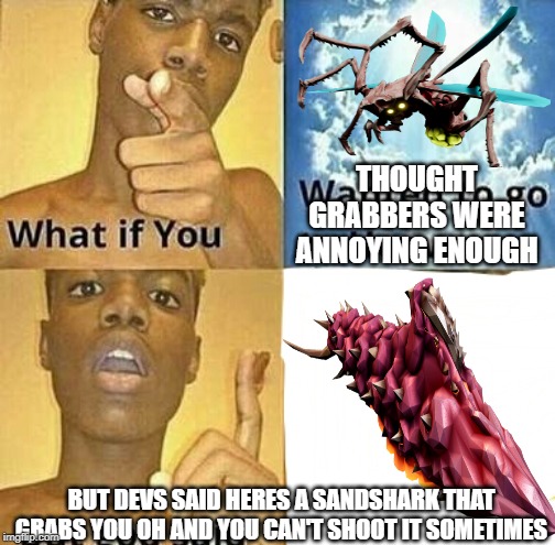 What if you wanted to go to Heaven | THOUGHT GRABBERS WERE ANNOYING ENOUGH; BUT DEVS SAID HERES A SANDSHARK THAT GRABS YOU OH AND YOU CAN'T SHOOT IT SOMETIMES | image tagged in what if you wanted to go to heaven | made w/ Imgflip meme maker