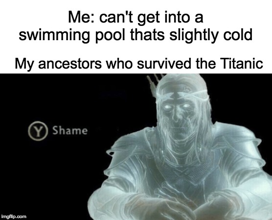 Titanic | Me: can't get into a swimming pool thats slightly cold; My ancestors who survived the Titanic | image tagged in y to shame | made w/ Imgflip meme maker