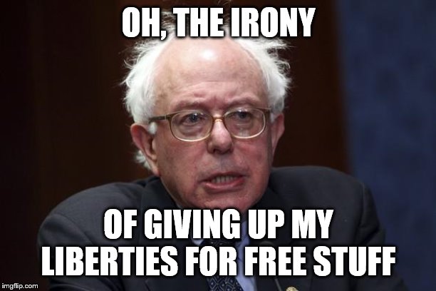 Bernie Sanders | OH, THE IRONY OF GIVING UP MY LIBERTIES FOR FREE STUFF | image tagged in bernie sanders | made w/ Imgflip meme maker