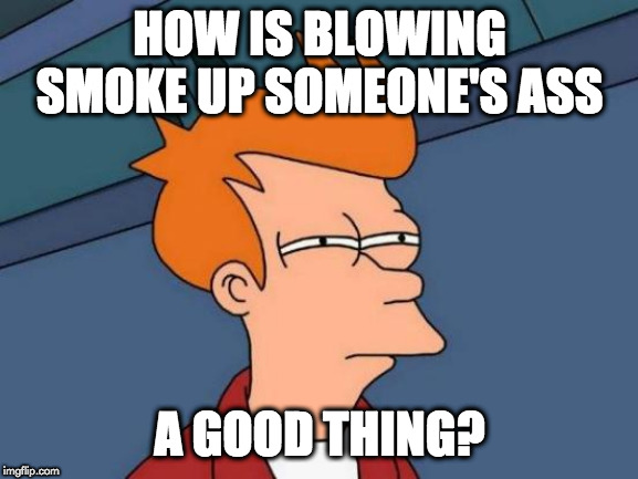 Futurama Fry Meme | HOW IS BLOWING SMOKE UP SOMEONE'S ASS; A GOOD THING? | image tagged in memes,futurama fry | made w/ Imgflip meme maker