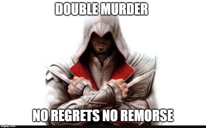 Assassins creed | DOUBLE MURDER; NO REGRETS NO REMORSE | image tagged in assassins creed | made w/ Imgflip meme maker