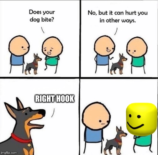 does your dog bite | RIGHT HOOK | image tagged in does your dog bite | made w/ Imgflip meme maker