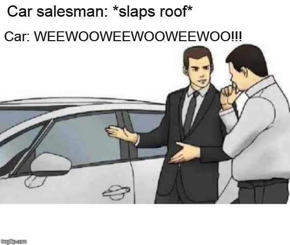 Car Salesman Slaps Roof Of Car | Car salesman: *slaps roof*; Car: WEEWOOWEEWOOWEEWOO!!! | image tagged in memes,car salesman slaps roof of car | made w/ Imgflip meme maker