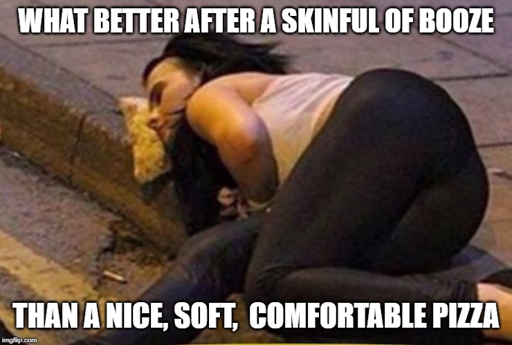 extra hairy topping | WHAT BETTER AFTER A SKINFUL OF BOOZE; THAN A NICE, SOFT,  COMFORTABLE PIZZA | image tagged in pizza,drunk,passed out | made w/ Imgflip meme maker