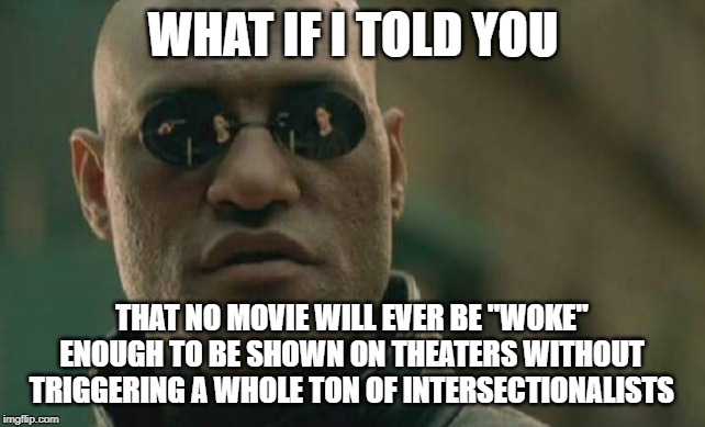 Matrix Morpheus | WHAT IF I TOLD YOU; THAT NO MOVIE WILL EVER BE "WOKE" ENOUGH TO BE SHOWN ON THEATERS WITHOUT TRIGGERING A WHOLE TON OF INTERSECTIONALISTS | image tagged in memes,matrix morpheus | made w/ Imgflip meme maker