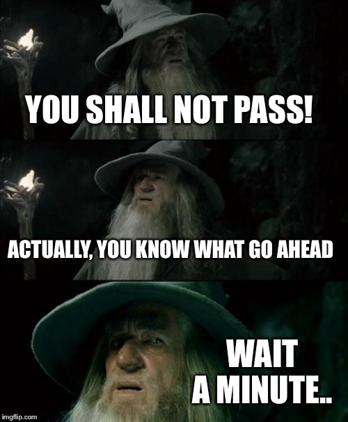 Confused Gandalf Meme | YOU SHALL NOT PASS! ACTUALLY, YOU KNOW WHAT GO AHEAD WAIT A MINUTE.. | image tagged in memes,confused gandalf | made w/ Imgflip meme maker