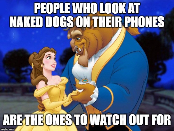 Beauty and the beast | PEOPLE WHO LOOK AT NAKED DOGS ON THEIR PHONES ARE THE ONES TO WATCH OUT FOR | image tagged in beauty and the beast | made w/ Imgflip meme maker