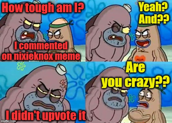 How Tough Are You Meme | How tough am I? Yeah?  And?? I commented on nixieknox meme; Are you crazy?? I didn't upvote it | image tagged in memes,how tough are you | made w/ Imgflip meme maker