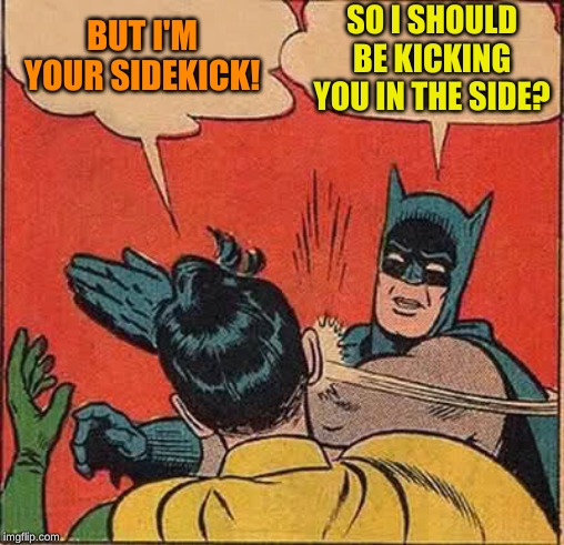 Batman Slapping Robin Meme | BUT I'M YOUR SIDEKICK! SO I SHOULD BE KICKING YOU IN THE SIDE? | image tagged in memes,batman slapping robin | made w/ Imgflip meme maker