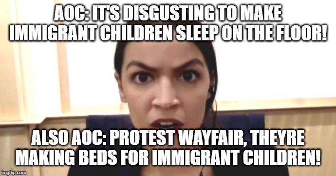 Wait...what? | AOC: IT'S DISGUSTING TO MAKE IMMIGRANT CHILDREN SLEEP ON THE FLOOR! ALSO AOC: PROTEST WAYFAIR, THEYRE MAKING BEDS FOR IMMIGRANT CHILDREN! | image tagged in aoc,really this stupid,democrats,insane,hypocrite | made w/ Imgflip meme maker