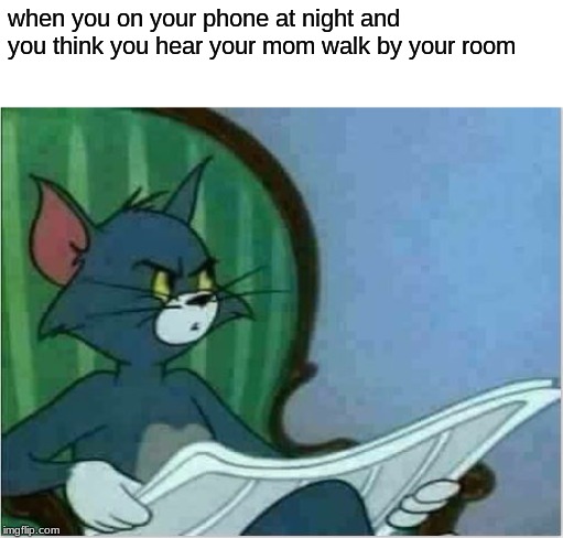 May or may not be inspired by real life events... | when you on your phone at night and you think you hear your mom walk by your room | image tagged in interrupting tom's read,memes,relatable | made w/ Imgflip meme maker