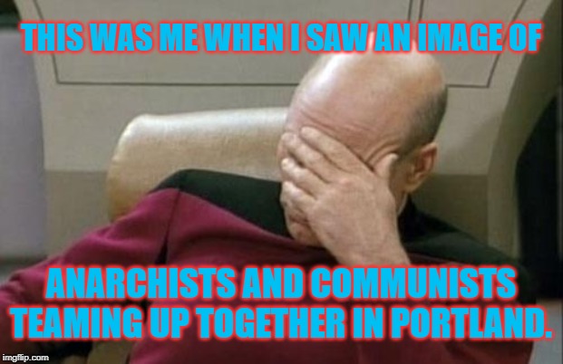 Maybe the left is just more collectivist than we thought! | THIS WAS ME WHEN I SAW AN IMAGE OF; ANARCHISTS AND COMMUNISTS TEAMING UP TOGETHER IN PORTLAND. | image tagged in memes,captain picard facepalm,politics,communism,anarchism | made w/ Imgflip meme maker