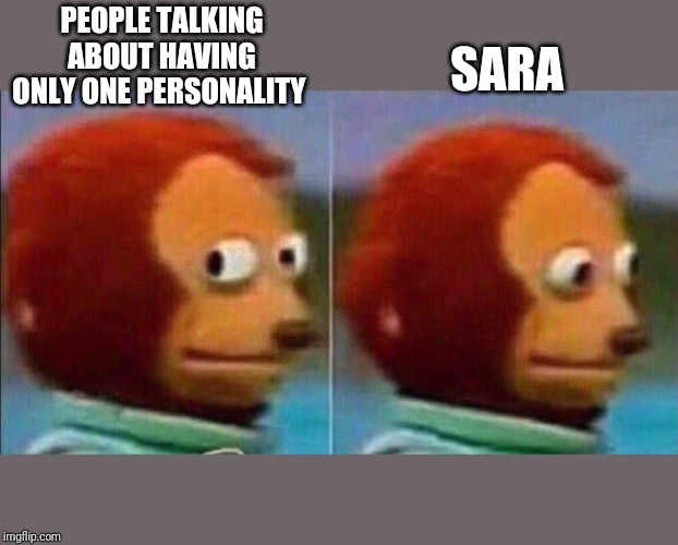 Monkey looking away | PEOPLE TALKING ABOUT HAVING ONLY ONE PERSONALITY; SARA | image tagged in monkey looking away | made w/ Imgflip meme maker