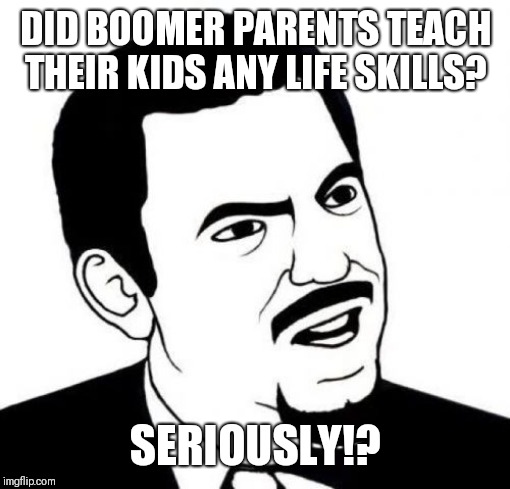 Seriously Face Meme | DID BOOMER PARENTS TEACH THEIR KIDS ANY LIFE SKILLS? SERIOUSLY!? | image tagged in memes,seriously face | made w/ Imgflip meme maker