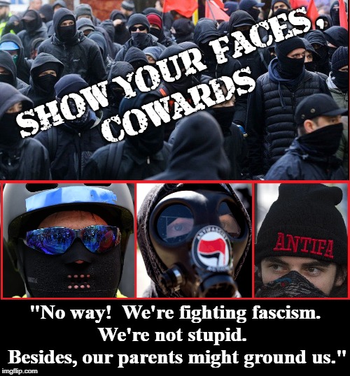 Assaulting, Burning & Looting their way into history. | SHOW YOUR FACES,          COWARDS; "No way!  We're fighting fascism.            We're not stupid.            
 Besides, our parents might ground us." | image tagged in vince vance,antifa,masks,cowards,show your faces,millennials | made w/ Imgflip meme maker