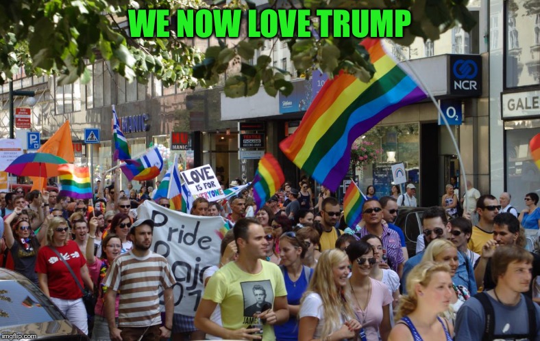 Pride parade | WE NOW LOVE TRUMP | image tagged in pride parade | made w/ Imgflip meme maker