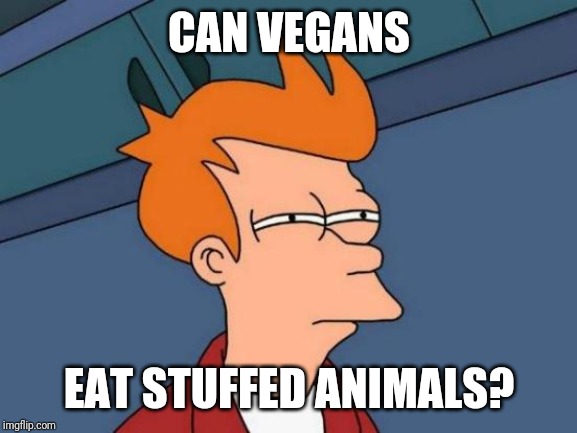 Futurama Fry Meme | CAN VEGANS EAT STUFFED ANIMALS? | image tagged in memes,futurama fry | made w/ Imgflip meme maker