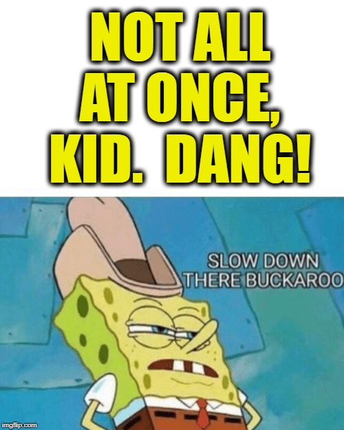 Slow down there buckaroo | NOT ALL AT ONCE, KID.  DANG! | image tagged in slow down there buckaroo | made w/ Imgflip meme maker