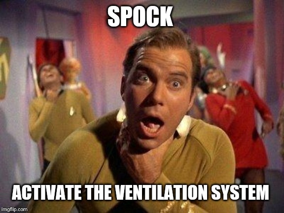 Captain Kirk Choke | SPOCK ACTIVATE THE VENTILATION SYSTEM | image tagged in captain kirk choke | made w/ Imgflip meme maker