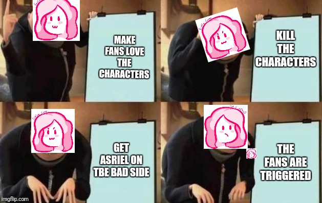 Gru's Plan Meme | KILL THE CHARACTERS; MAKE FANS LOVE THE CHARACTERS; GET ASRIEL ON TBE BAD SIDE; THE FANS ARE TRIGGERED | image tagged in gru's plan | made w/ Imgflip meme maker