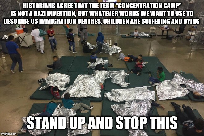 stand up and stop this | HISTORIANS AGREE THAT THE TERM "CONCENTRATION CAMP" IS NOT A NAZI INVENTION, BUT WHATEVER WORDS WE WANT TO USE TO DESCRIBE US IMMIGRATION CENTRES, CHILDREN ARE SUFFERING AND DYING; STAND UP AND STOP THIS | image tagged in border camp,donald trump,donald trump approves,united states,meme,kids | made w/ Imgflip meme maker