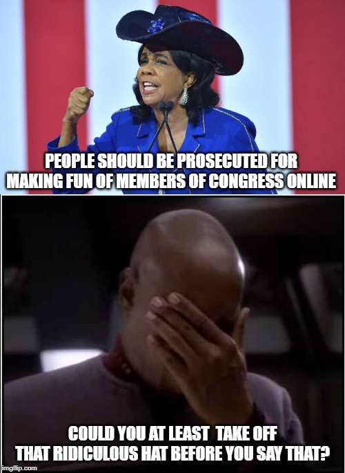 Does that include CNN and President Trump Frederica? |  PEOPLE SHOULD BE PROSECUTED FOR MAKING FUN OF MEMBERS OF CONGRESS ONLINE; COULD YOU AT LEAST  TAKE OFF THAT RIDICULOUS HAT BEFORE YOU SAY THAT? | image tagged in sisko facepalm,frederica wilson,hat,congress,internet trolls | made w/ Imgflip meme maker