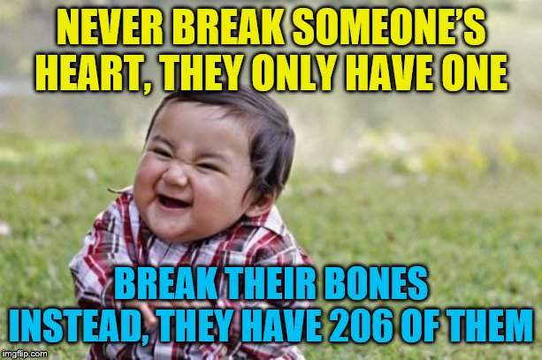 Evil Toddler | NEVER BREAK SOMEONE’S HEART, THEY ONLY HAVE ONE; BREAK THEIR BONES INSTEAD, THEY HAVE 206 OF THEM | image tagged in memes,evil toddler | made w/ Imgflip meme maker