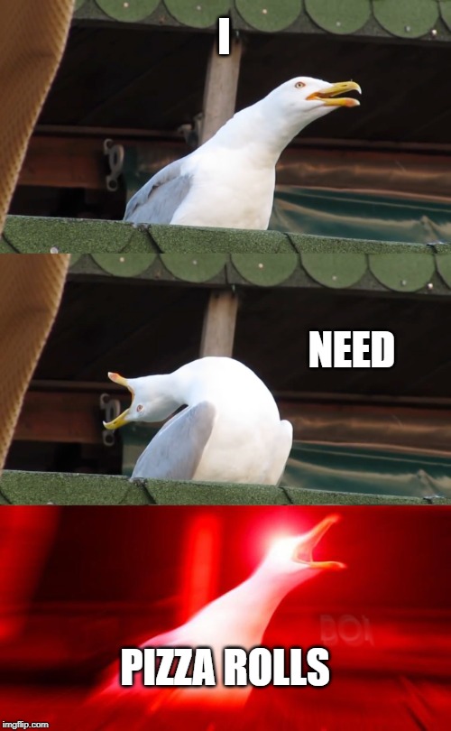 Inhaling seagull | I NEED PIZZA ROLLS | image tagged in inhaling seagull | made w/ Imgflip meme maker