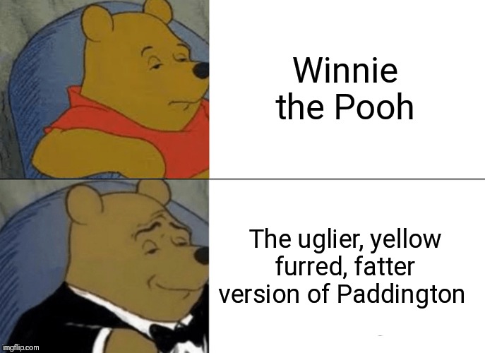 Tuxedo Winnie The Pooh Meme | Winnie the Pooh; The uglier, yellow furred, fatter version of Paddington | image tagged in memes,tuxedo winnie the pooh | made w/ Imgflip meme maker