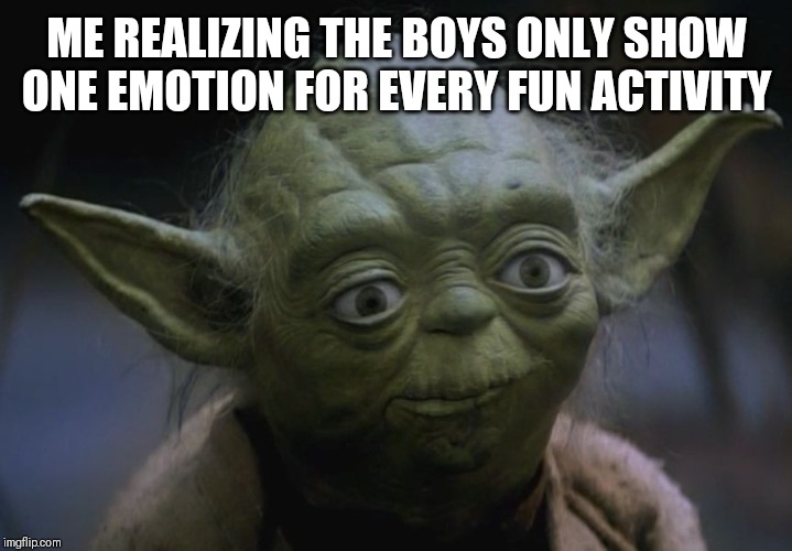 Yoda's Realization | ME REALIZING THE BOYS ONLY SHOW ONE EMOTION FOR EVERY FUN ACTIVITY | image tagged in yoda's realization | made w/ Imgflip meme maker