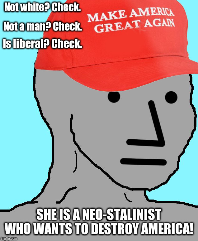 MAGA NPC | Not white? Check. SHE IS A NEO-STALINIST WHO WANTS TO DESTROY AMERICA! Not a man? Check. Is liberal? Check. | image tagged in maga npc | made w/ Imgflip meme maker