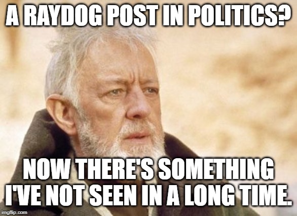 Obi Wan Kenobi Meme | A RAYDOG POST IN POLITICS? NOW THERE'S SOMETHING I'VE NOT SEEN IN A LONG TIME. | image tagged in memes,obi wan kenobi | made w/ Imgflip meme maker