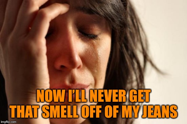 First World Problems Meme | NOW I’LL NEVER GET THAT SMELL OFF OF MY JEANS | image tagged in memes,first world problems | made w/ Imgflip meme maker