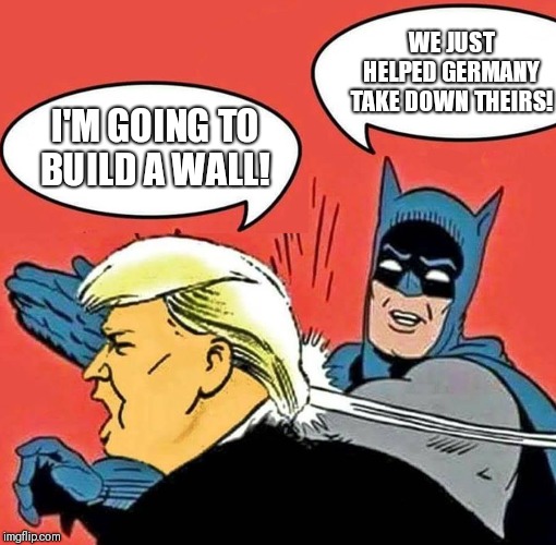 A little history lesson. | WE JUST HELPED GERMANY TAKE DOWN THEIRS! I'M GOING TO BUILD A WALL! | image tagged in batman slapping trump | made w/ Imgflip meme maker