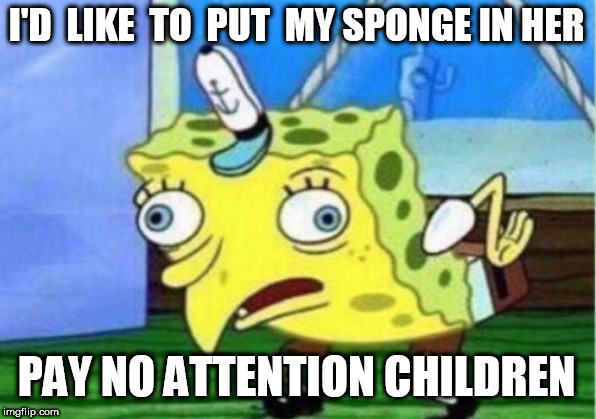 Mocking Spongebob Meme | I'D  LIKE  TO  PUT  MY SPONGE IN HER PAY NO ATTENTION CHILDREN | image tagged in memes,mocking spongebob | made w/ Imgflip meme maker