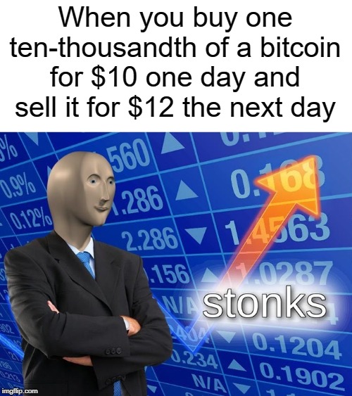 StOnKs | When you buy one ten-thousandth of a bitcoin for $10 one day and sell it for $12 the next day | image tagged in stonks | made w/ Imgflip meme maker