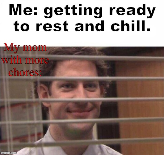 Jim Halpert | Me: getting ready to rest and chill. My mom with more chores: | image tagged in jim halpert | made w/ Imgflip meme maker