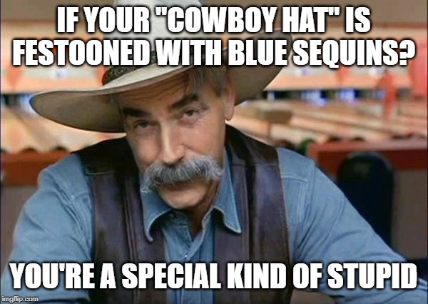 Sam Elliott special kind of stupid | IF YOUR "COWBOY HAT" IS FESTOONED WITH BLUE SEQUINS? YOU'RE A SPECIAL KIND OF STUPID | image tagged in sam elliott special kind of stupid | made w/ Imgflip meme maker