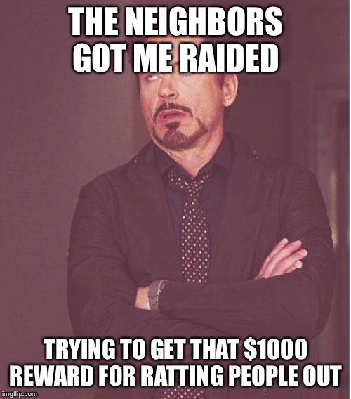 Face You Make Robert Downey Jr Meme | THE NEIGHBORS GOT ME RAIDED TRYING TO GET THAT $1000 REWARD FOR RATTING PEOPLE OUT | image tagged in memes,face you make robert downey jr | made w/ Imgflip meme maker