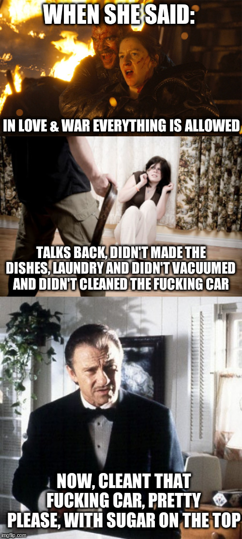 Clean that fucking car | WHEN SHE SAID: IN LOVE & WAR EVERYTHING IS ALLOWED TALKS BACK, DIDN'T MADE THE DISHES, LAUNDRY AND DIDN'T VACUUMED AND DIDN'T CLEANED THE F* | image tagged in domestic violence,domestic violence euron,winston wolf please | made w/ Imgflip meme maker