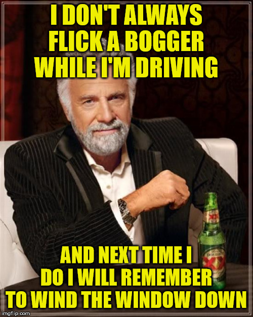 flicking boggers | I DON'T ALWAYS FLICK A BOGGER WHILE I'M DRIVING; AND NEXT TIME I DO I WILL REMEMBER TO WIND THE WINDOW DOWN | image tagged in memes,the most interesting man in the world,snot,windows | made w/ Imgflip meme maker