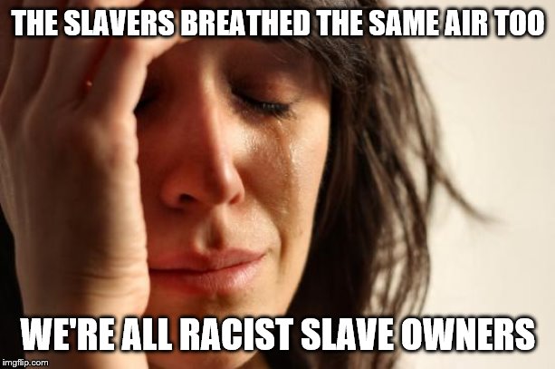 First World Problems Meme | THE SLAVERS BREATHED THE SAME AIR TOO WE'RE ALL RACIST SLAVE OWNERS | image tagged in memes,first world problems | made w/ Imgflip meme maker