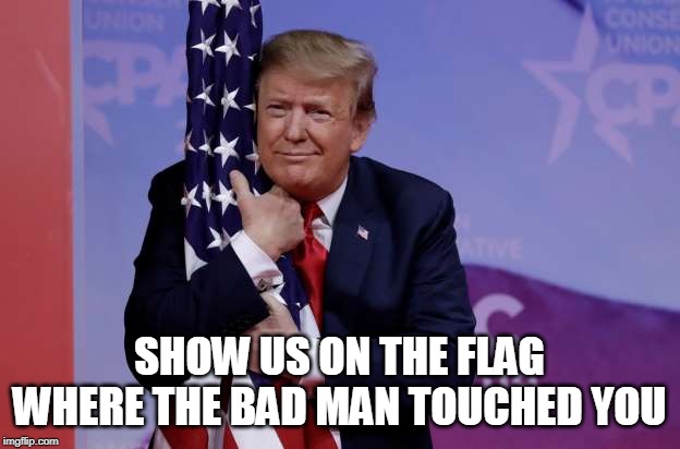 SHOW US ON THE FLAG WHERE THE BAD MAN TOUCHED YOU | image tagged in trump | made w/ Imgflip meme maker
