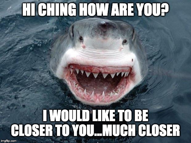 O Hai Shark | HI CHING HOW ARE YOU? I WOULD LIKE TO BE CLOSER TO YOU...MUCH CLOSER | image tagged in o hai shark | made w/ Imgflip meme maker