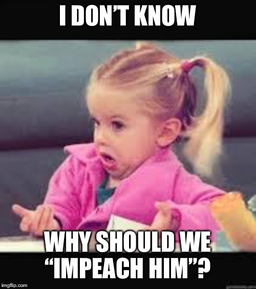 Little girl Dunno | I DON’T KNOW WHY SHOULD WE “IMPEACH HIM”? | image tagged in little girl dunno | made w/ Imgflip meme maker