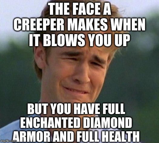 Take That, Minecraft Creeper | THE FACE A CREEPER MAKES WHEN IT BLOWS YOU UP; BUT YOU HAVE FULL ENCHANTED DIAMOND ARMOR AND FULL HEALTH | image tagged in memes,1990s first world problems | made w/ Imgflip meme maker