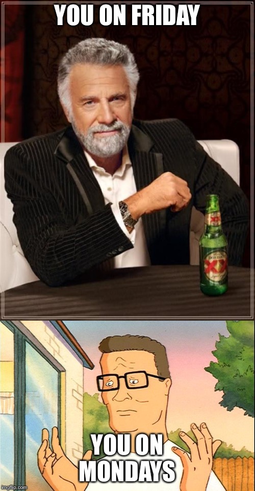 YOU ON FRIDAY YOU ON MONDAYS | image tagged in memes,the most interesting man in the world,jpeg | made w/ Imgflip meme maker