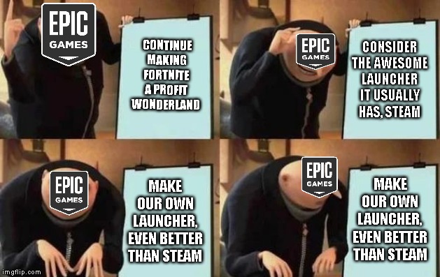 Gru's Plan Meme | CONTINUE MAKING FORTNITE A PROFIT WONDERLAND CONSIDER THE AWESOME LAUNCHER IT USUALLY HAS, STEAM MAKE OUR OWN LAUNCHER, EVEN BETTER THAN STE | image tagged in gru's plan | made w/ Imgflip meme maker